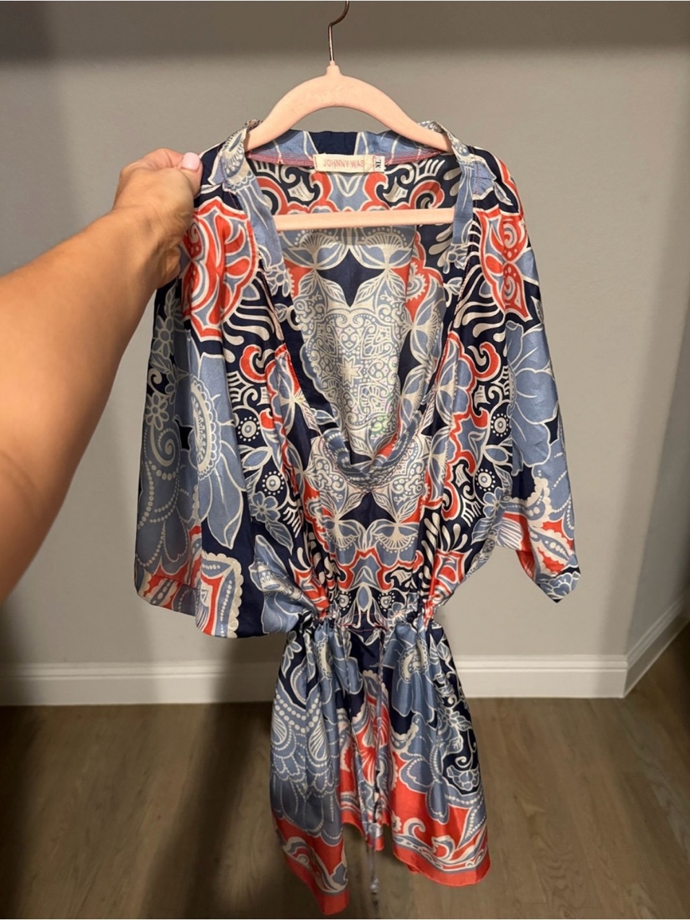 Johnny Was XL Blue Coral Floral Paisley Cowl Neck Drawstring Blouse Tunic